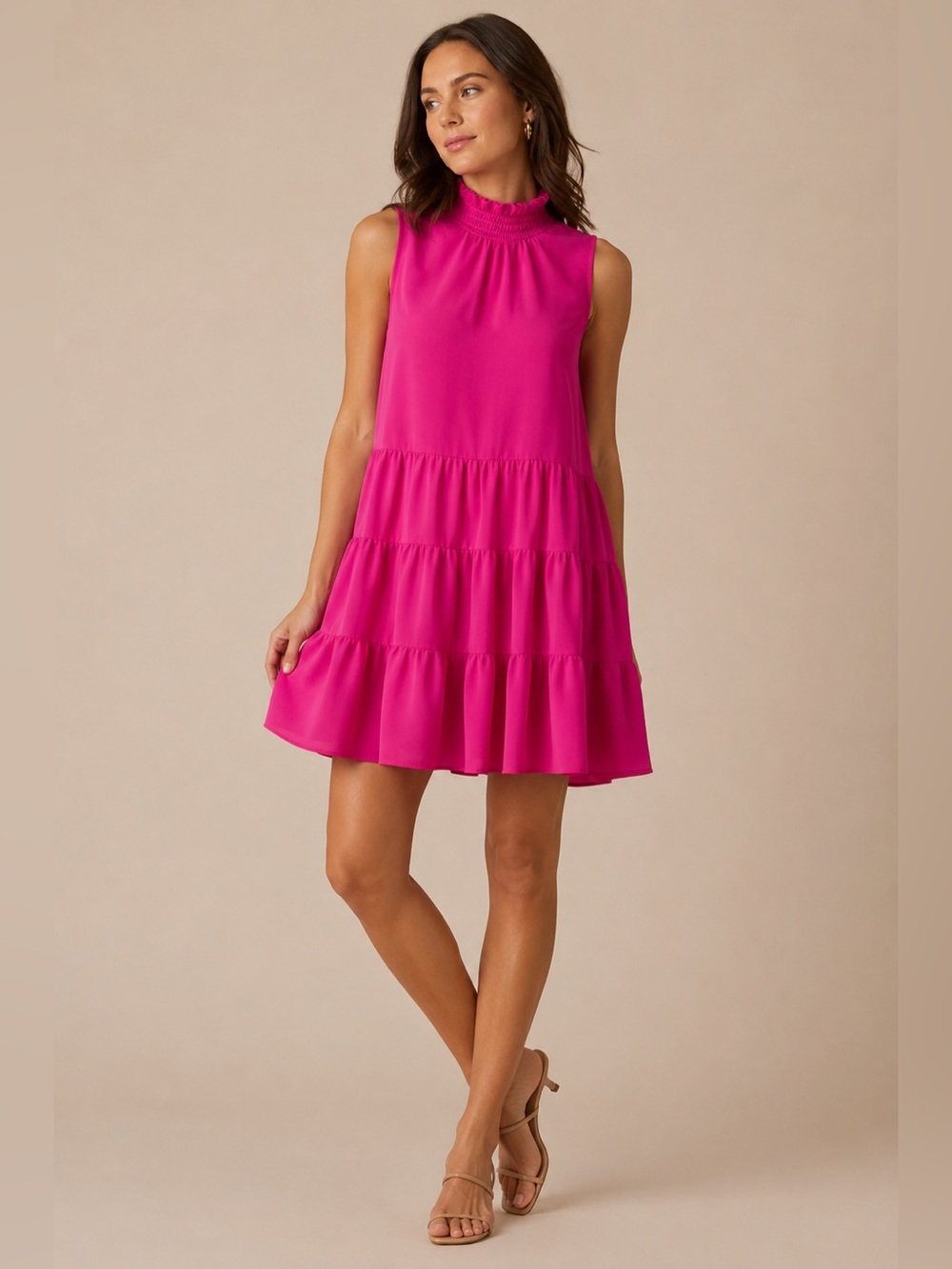 Amanda Uprichard Nadia Hot Pink Smocked Turtleneck Tiered Mini Dress M